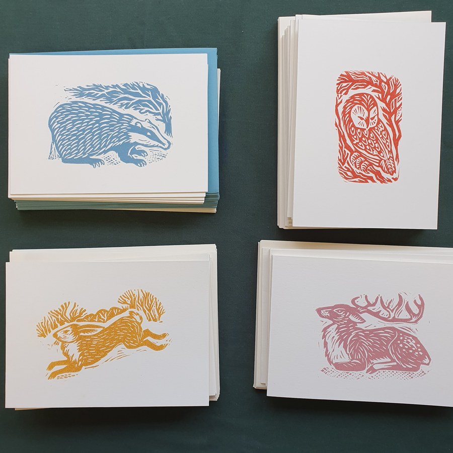 Animal linocut greetings cards set of four