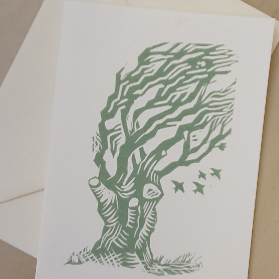 Old Oak linocut greetings card