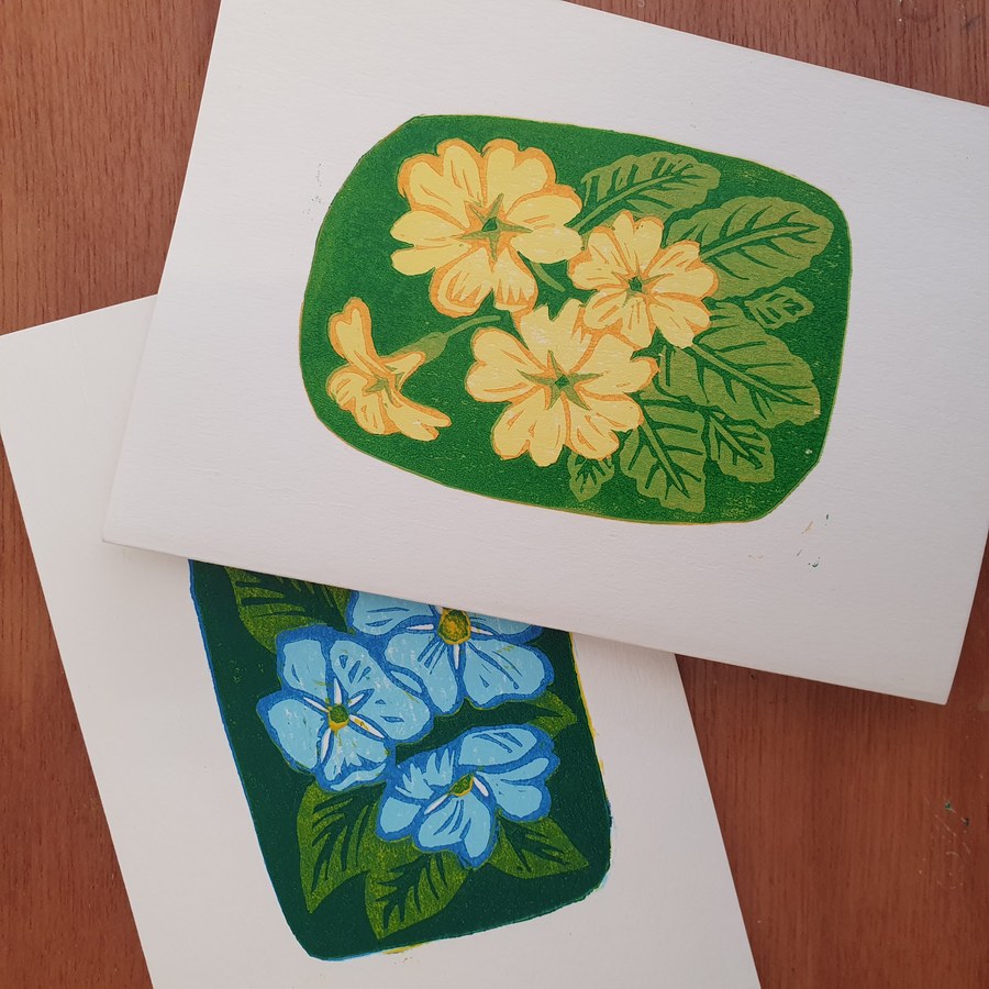 Primrose and Forget-Me-Nots linocut prints