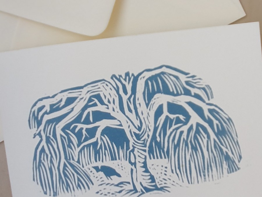 Willow tree linocut greetings card