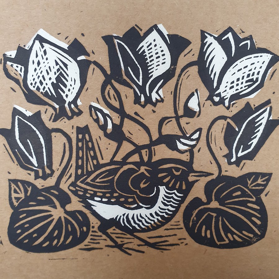 Wren amongst cyclamens linocut card