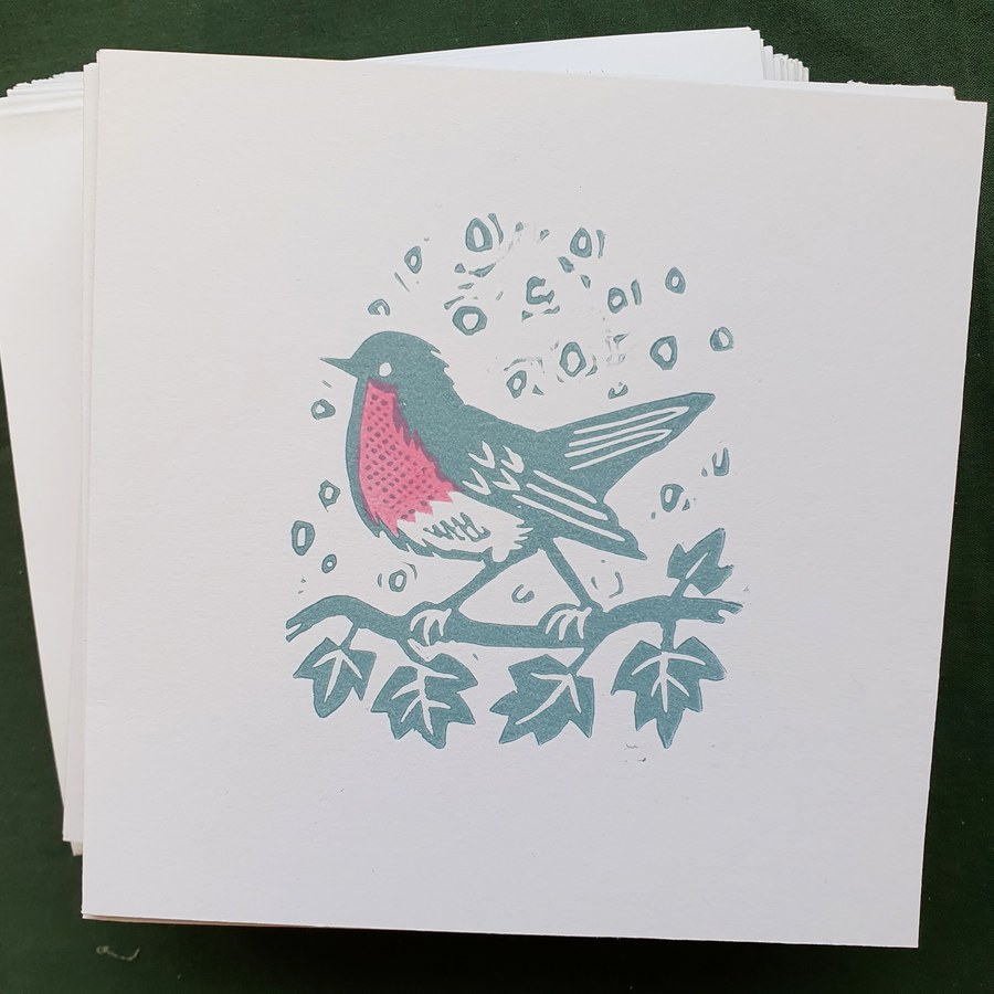 Christmas Robin linocut greetings card